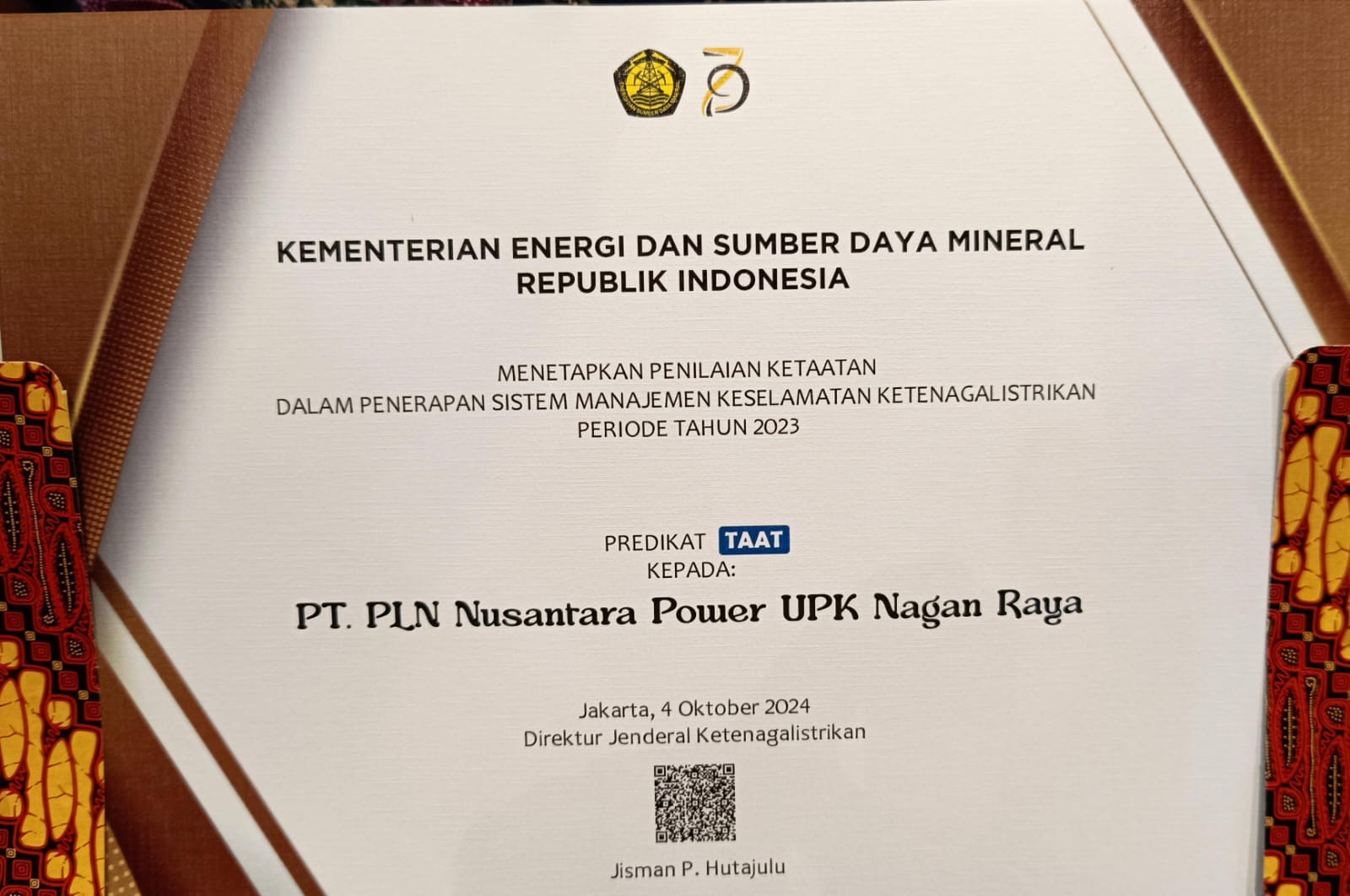 PLTU 1-2 Raih Penghargaan TAAT Dari Kementrian ESDM